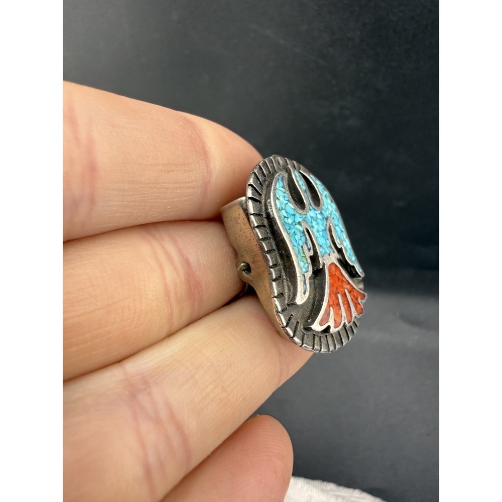 Vintage Bennett Bolo Slide Southwestern Turquoise Bird Silver Tone Signed - Picture 3 of 8